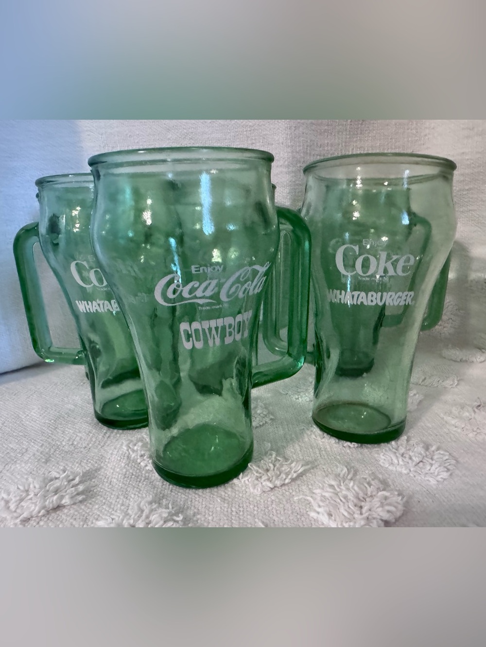 Coca Cola Green 16 oz Glass WHATABURGER 6" Cowboy Coke Mugs Handle 7 Piece Set